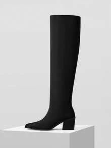 Mnmlis 秋冬时尚尖头加厚保暖卡其色过膝长靴女 - 黑色 - 查看 1