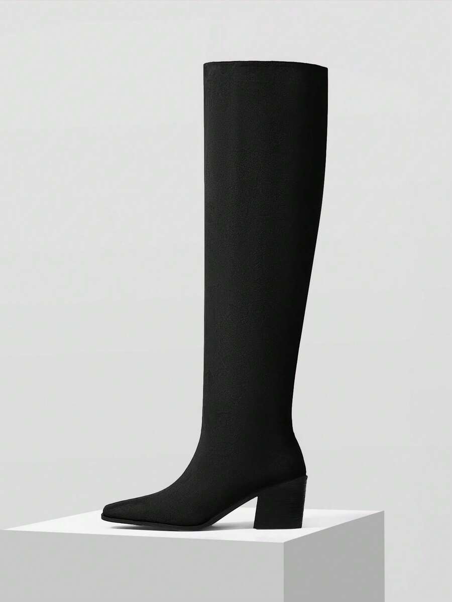 Mnmlis 秋冬时尚尖头加厚保暖卡其色过膝长靴女 - 黑色 - 查看 1