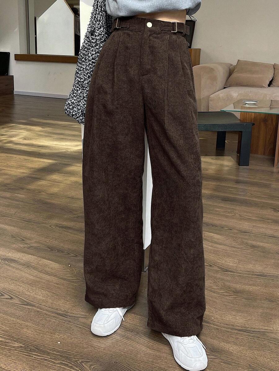 DAZY Celana Panjang Korduroi Wanita Model Longgar dengan Kaki Lebar dan Saku - Coffee Brown - View 1