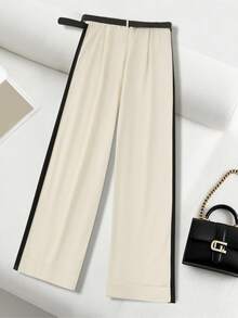 Franclia Pantalones de punto con bolsillos en parchwork beige, otoño/invierno, talla grande