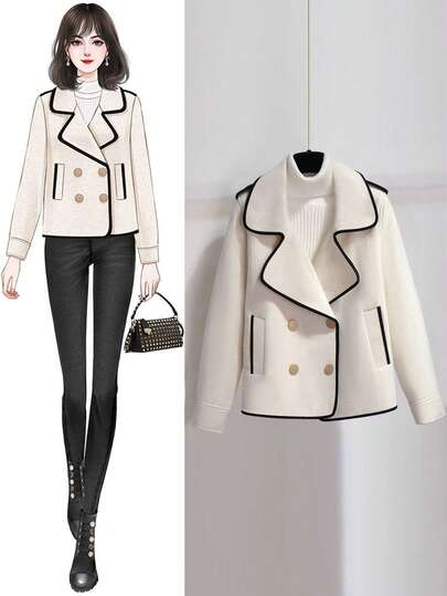 EMERY ROSE 女士秋冬时尚撞色双排扣大衣