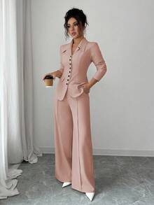 Elenzga 女士杏色厚面料V领西装外套设计黑色撞色纽扣假口袋教师制服优雅职业装，感恩节万圣节氛围，秋季新品时尚必备，长袖腰部收紧宽松直筒裤两件套 - 粉色 - 查看 4
