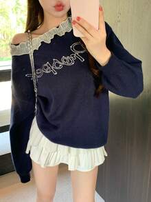 DAZY 女式拼色蕾丝拼布水钻字母图案提花宽松针织毛衣，适合秋季、冬季、新年、圣诞节 - 藏蓝色 - 查看 4