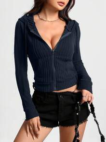 Flirla Women's Solid Color Long Sleeve Zipper Collar Pocket Drawstring Casual Hoodie - Navy Blue - View 4