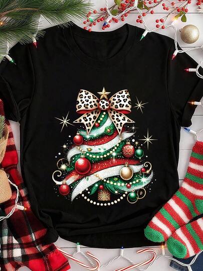 EMERY ROSE Christmas Tree, Girly Christmas, Christmas Sublimation, Christmas T-Shirt, Christmas, Women's Fall Clothes, Women's Fall Tops, Christmas Women's Clothes, Women's Casual Round Neck Short Sleeve T-Shirt