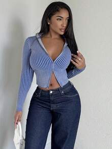 Alexandranx Áo len cardigan cổ cao có khóa kéo, tay dài, họa tiết sọc, mùa xuân, thường ngày, phong cách Y2K thập niên 90, dễ thương, màu pastel, trang phục cơ bản, sân bay, ngày lễ, lễ hội, mùa thu, trở lại trường, mùa thu, mùa đông, hàng ngày, Giáng sinh, công sở, văn phòng - Màu xanh lam - Xem 1