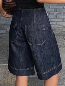 DAZY 女士常规中腰宽松都市休闲牛仔短裤 Y2k - 深色水洗藍 - 查看 5