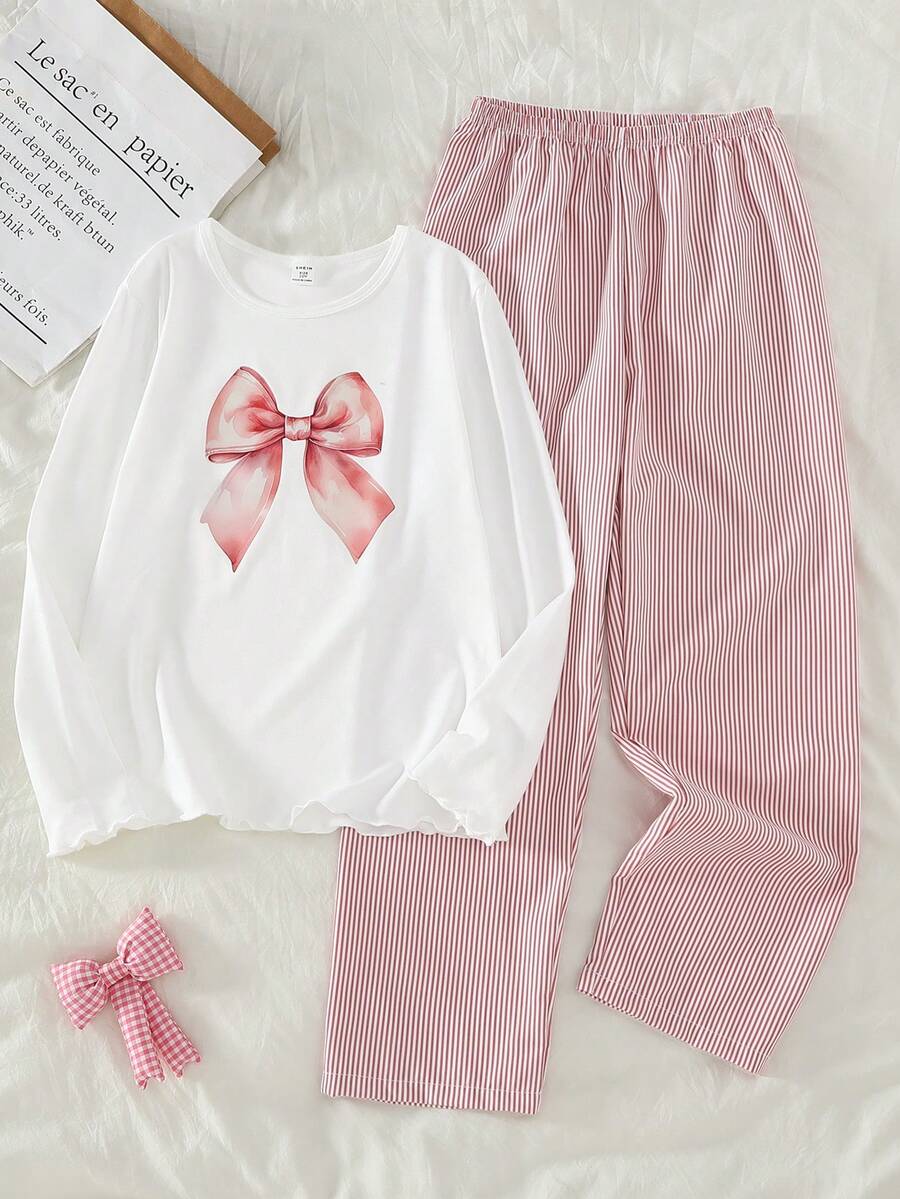 女童蝴蝶印花白色长袖上衣和经典条纹休闲裤家居服套装 - 彩色 - 查看 1