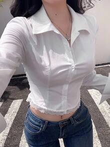 DAZY 春秋款性感魚骨鏤空拼接學院風修身鏤空蕾絲飾邊拼接女式長袖優雅辦公上衣 - 白色 - 查看 6