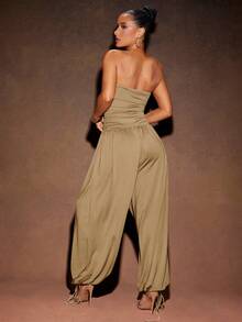 Hauture 女式性感夏季度假针织无袖侧褶抽绳下摆连体裤 - 杏色 - 查看 2