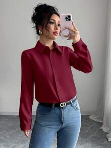Elenzga Plain Front Button Long Sleeve Casual Versatile Shirt - Burgundy - View 4