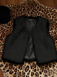 Attitoon 女式休闲开襟无袖人造毛皮夹克，适合秋冬季 - 黑色 - 查看 1