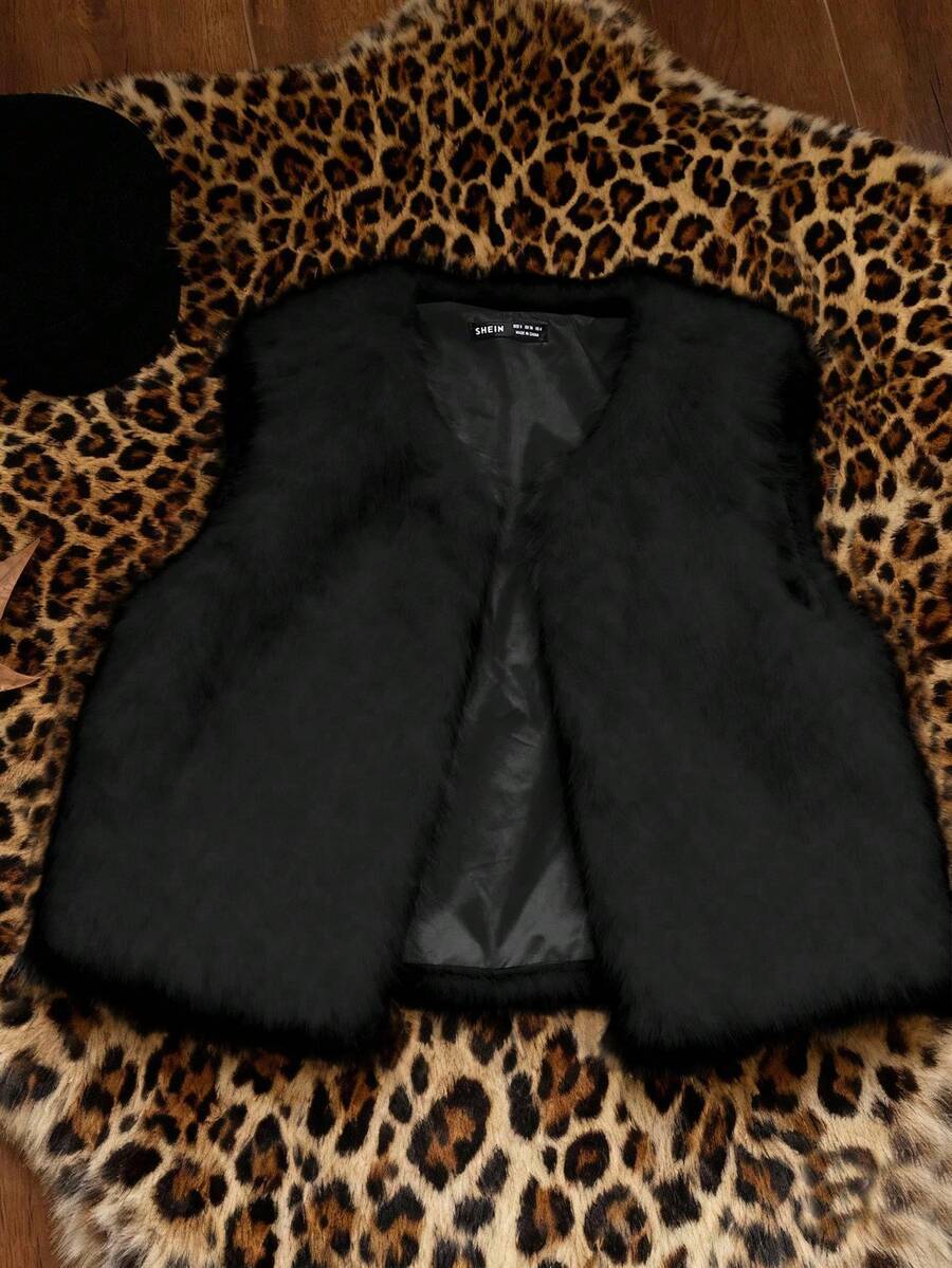 Attitoon 女式休闲开襟无袖人造毛皮夹克，适合秋冬季 - 黑色 - 查看 1