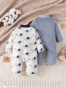两件套男婴长袖白色和蓝色可爱卡通大象毛绒加厚连脚睡衣套装，毛绒刺绣大象图案，柔软舒适，适合秋冬季穿着 - 藍色 - 查看 2