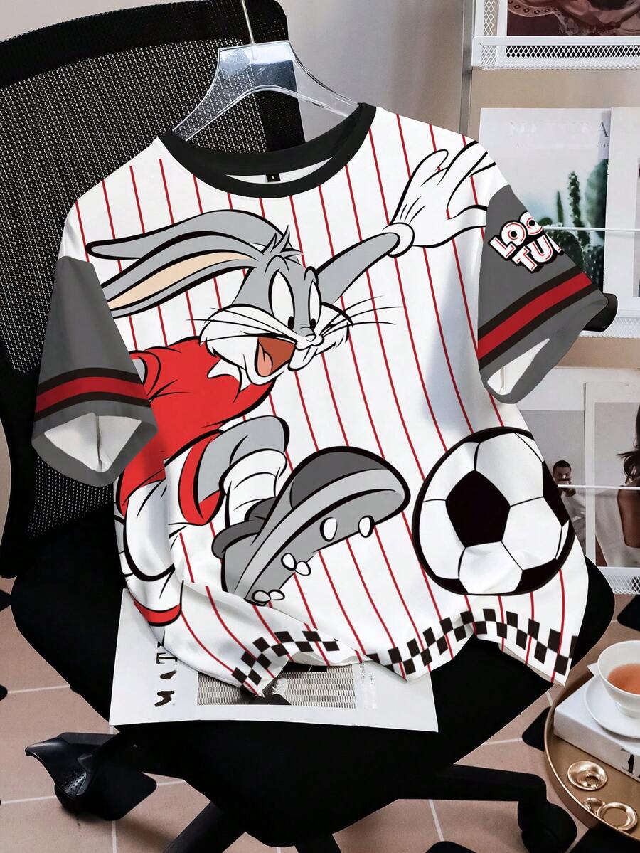 LOONEY TUNES X SHEIN Camiseta de manga corta de cuello redondo con estampado de rayas y conejo, de talla grande y estilo casual de verano - Blanco - Ver 1