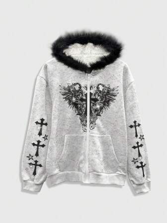 Goth ملابس علوية رياضية كاجوال بسحاب وغطاء رأس فضفاض ذات رسم جناح وصليب، أكمام طويلة، للرجال في فصلي الخريف والشتاء