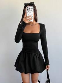 SHEIN Teen Girl Casual Daily Square Neck Hollow-Out Dress With Peplum Hem, Suitable For Parties And Outings - Black - View 2