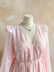 Soleia Plus Size Women Elegant Solid Color Jacquard Ruffle Hem Dress, Autumn - Pink - View 6