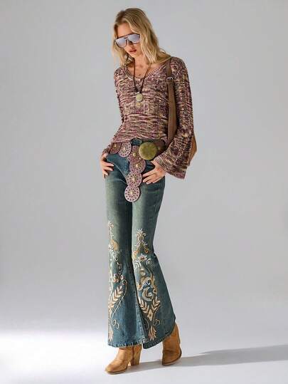 SHEIN TRNDY 1pc Women's Vintage Colorblock V-Neck Long Sleeve Flared Cuff Textured Waist Casual Sweater, Autumn/Winter