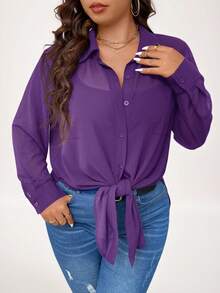 SHEIN LUNE Plus Size Women's Plain Long Sleeve Single Breasted Casual Loose Shirt Business Casual Woman - Purple - View 3