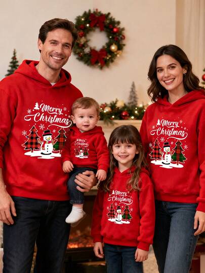 SHEIN LUNE Moletom casual minimalista com capuz, estampa de boneco de neve e letras, manga comprida, folgado e grosso, para mulheres, adequado para outono/inverno, Natal, festa, rena de Natal, reunião de Natal, festa de Natal, reunião familiar, família combinando, casais, irmãs