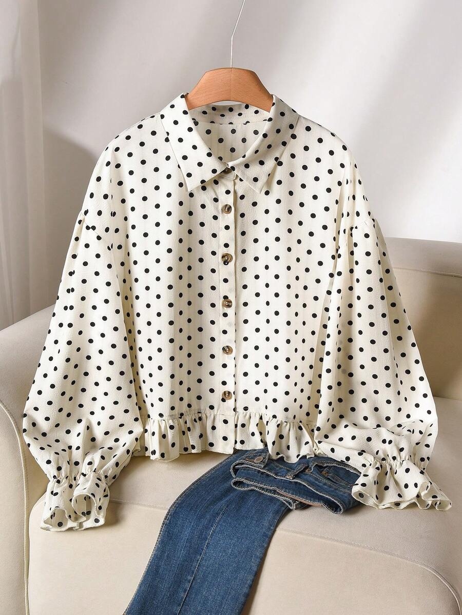 CosyJoli Plus Size Casual Polka Dot Textured A-Line Smock Shirt Fall - Apricot - View 1