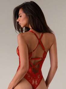 SHEIN BAE Women's Fashionable Sexy Lace Backless Halter Lingerie - Burgundy - View 2