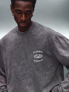 PLAYBOY X SUMWON Kaos Lengan Panjang Potongan Pendek dengan Detail Logo Kelinci di Bagian Bawah yang Dicuci, Gaya Streetwear Vintage - Dark Grey - View 5