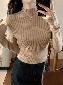 DAZY 女式高领短款休闲套头衫 - 咖啡棕 - 查看 2