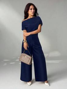 SHEIN PETITE Women's Summer New Arrival Simple Elegant Daily Casual Linen Commuter Wide Collar Off Shoulder Blouse And Wide Leg Pants Suit - Navy Blue - View 4