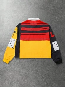 ROMWE MEN Street Life 男士数码撞色印花长袖Polo衫 - 彩色 - 查看 2