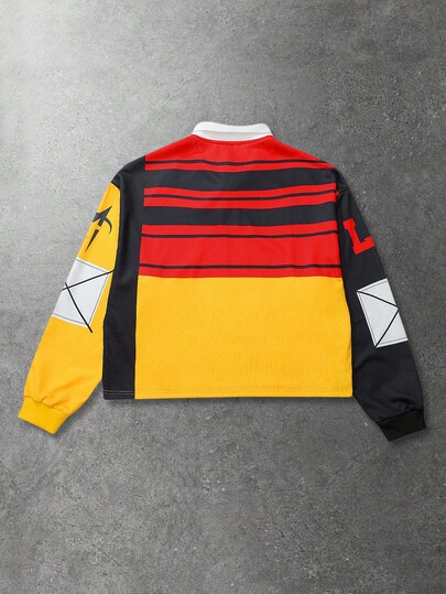 Street Life Sweat-shirt polo à manches longues avec imprimé blocs de couleurs pour hommes