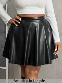 SHEIN PETITE CURVE 高腰PU皮革喇叭裙 - 黑色 - 查看 1