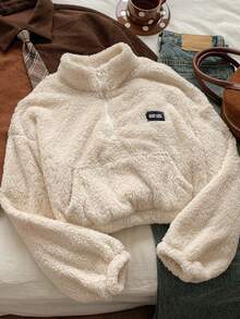 Comfortcana Summer Outfits Women's Half Zipper White Fleece Sweatshirt With Letter Patch Design,Long Sleeve Tops In Fall/Winter - Beige - View 1