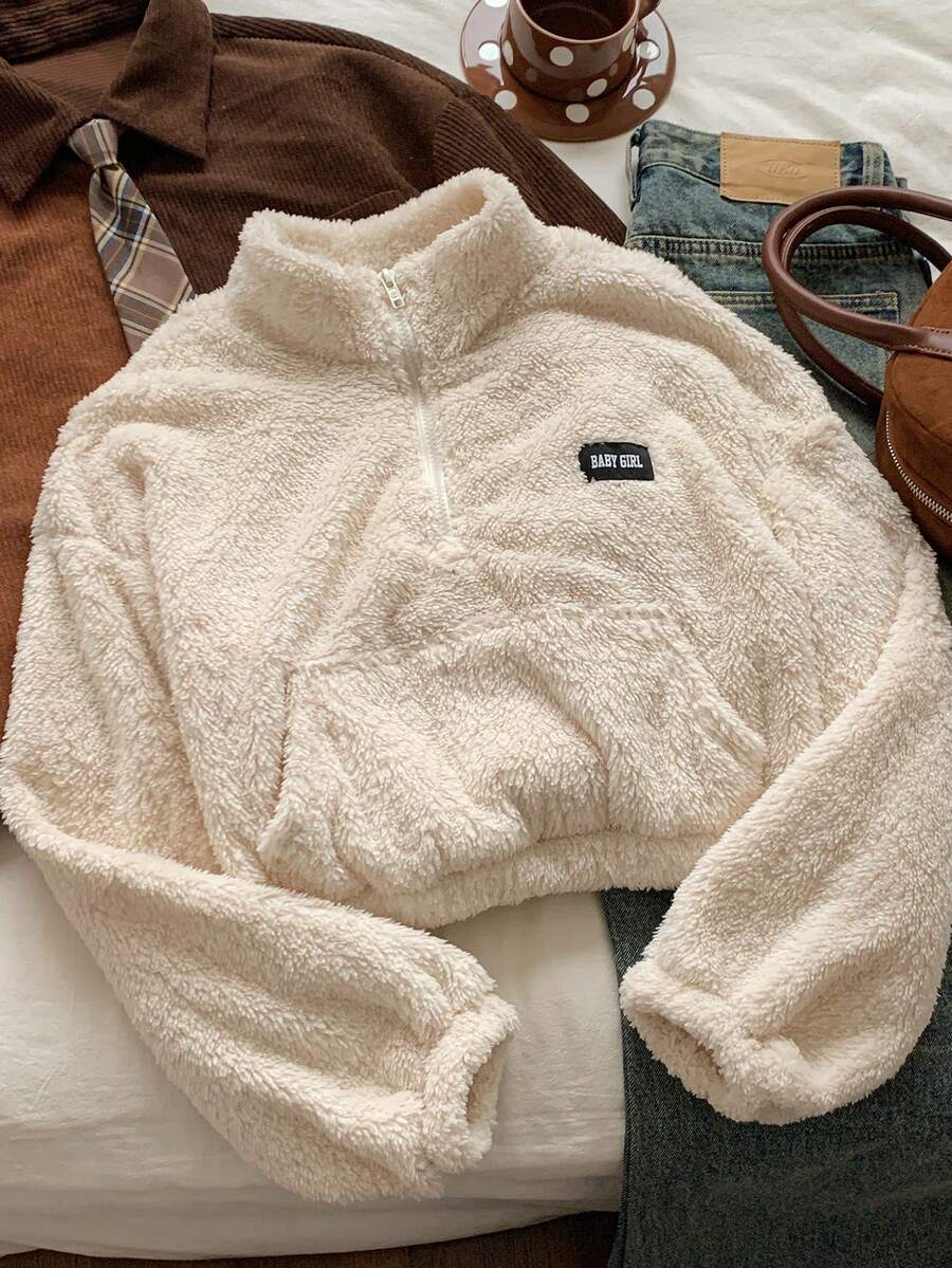 Comfortcana Summer Outfits Women's Half Zipper White Fleece Sweatshirt With Letter Patch Design,Long Sleeve Tops In Fall/Winter - Beige - View 1