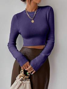 RosyDaze Women's Casual Solid Color Crew Neck Long Sleeve Sweater, Autumn/Winter - Purple - View 5