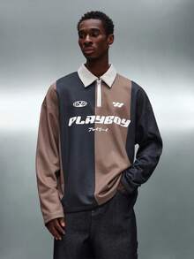 PLAYBOY X SUMWON Quarter Zip Retro Polo Sweatshirt With Collared Neckline And Color Block Design - Multicolor - View 2