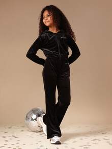 SUMWON 秋冬款女童天鹅绒连帽卫衣套装，带蝴蝶钻石细节连帽 - 黑色 - 查看 8