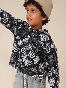 SUMWON Graffiti Print Pullover Hoodie Without Drawstring For Boys Urban Street Style Sweatshirt - Black - View 1