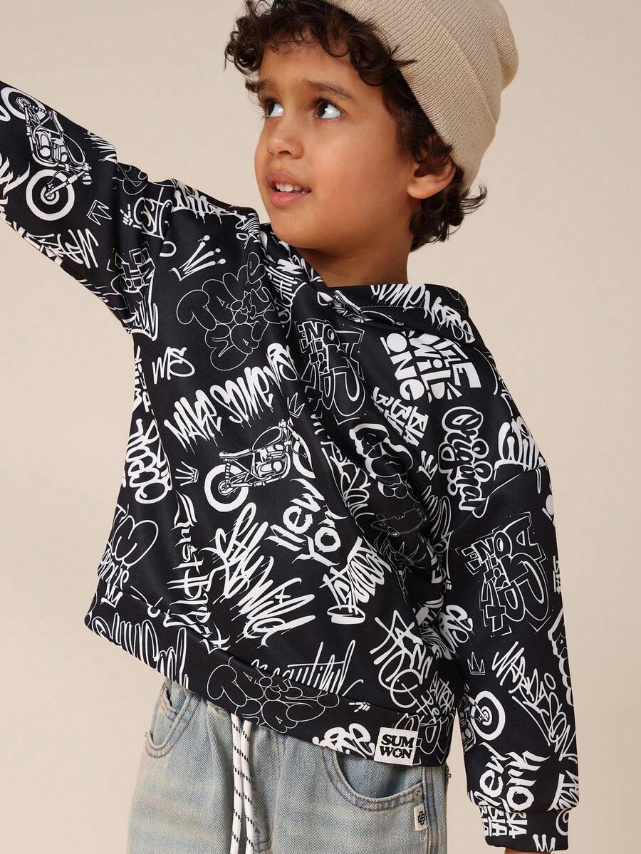 SUMWON Graffiti Print Pullover Hoodie Without Drawstring For Boys Urban Street Style Sweatshirt - Black - View 1