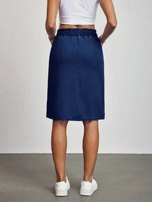 SHEIN Tall Women's Solid Color Elastic Waist Drawstring Casual Versatile Denim Skirt - Dark Wash - View 2