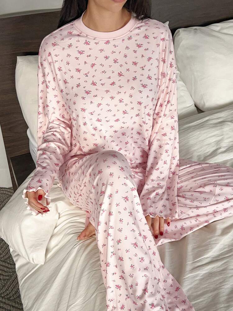 2pcs Women Ditsy Floral Loose Comfortable Long Sleeve Pajama Set, Winter Clothes