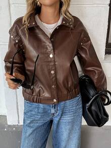 SHEIN Unity Women's Vintage Leather Jacket With Rivet Design, Short Style - Brown - View 7