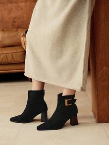 CUCCOO BIZCHIC 畅销金扣绒面革踝靴 - 女式粗跟拉链短靴，时尚百搭的轻奢材质，2双鞋 - 黑色 - 查看 4