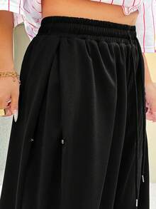 SHEIN EZwear Plus Size Casual Drawstring Black Sweatpants, Versatile & Stylish For Everyday Wear, Spring/Summer Graduation,Back To School Outfits,Graduation,Teacher Outfits For Women,Back To School - Black - View 9