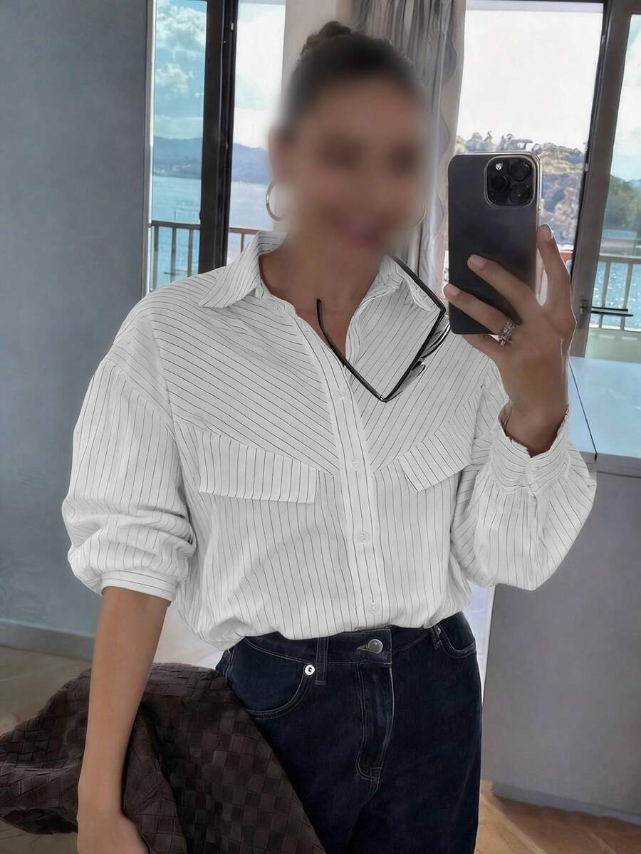 Modelyn Camisa polo de mujer de manga larga, holgada y casual con bolsillo y diseño de rayas