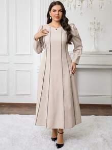 Modelyn 大码女式圆领泡泡袖牙签条纹优雅连衣裙 - 卡其色 - 查看 6