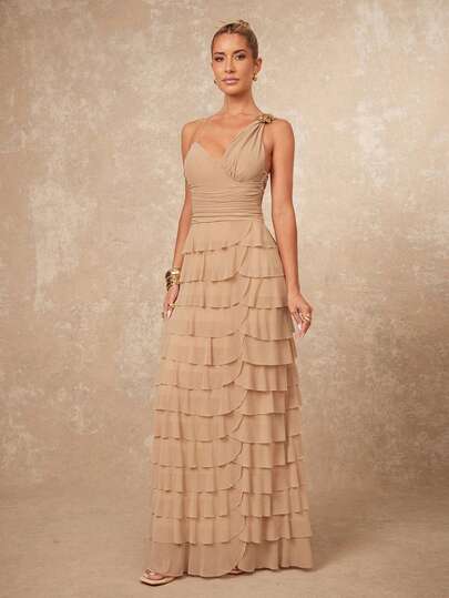 Lumalex Spring Summer  Asymmetric Metal Decor Ruched Bodycon Ruffle Hem Dress For Women This Garment Effortlessly Transitions From Beach Strolls To Weekend Gatherings And Celebratory Dinners, Embodying The Charm Of Quiet Luxury And Striking Party Flair Whether At Birthday Bashes Or Fashionable Soirées