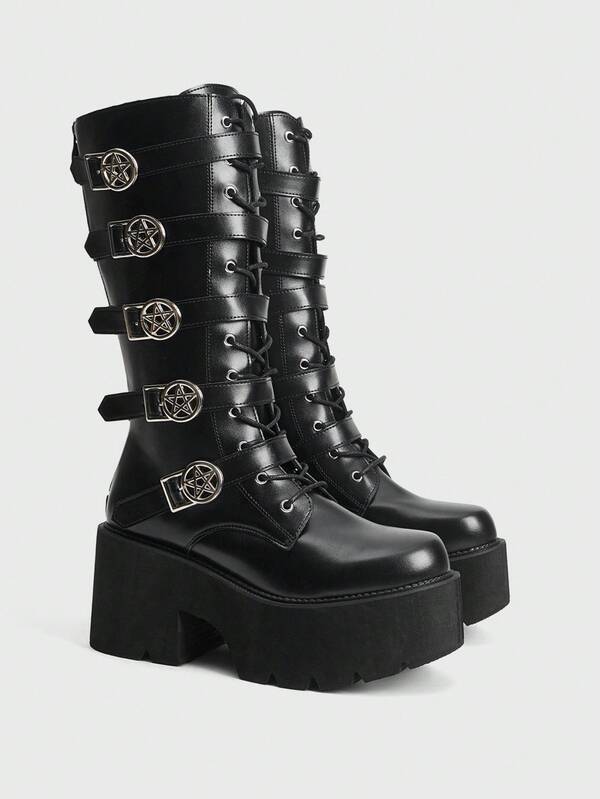 Sugerpunk Botas altas de mujer con estilo punk, suela gruesa y tacón ancho. Botas de montar cómodas con hebilla decorativa de estrella metálica gótica negra y tacón alto