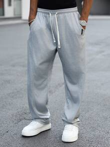 Manfinity EMRG Men's Casual Solid Color Drawstring Waist Sweatpants Loose Straight Leg Grey Summer Baggy Gym Oversized Pants Streetwear - Light Grey - View 1